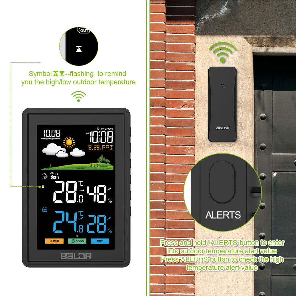 BALDR Weather Station Wireless Indoor Outdoor Thermometer - Color LCD Display Weather Forecast - Atomic Wall Clock