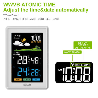 BALDR Weather Station Wireless Indoor Outdoor Thermometer - Color LCD Display Weather Forecast - Atomic Wall Clock