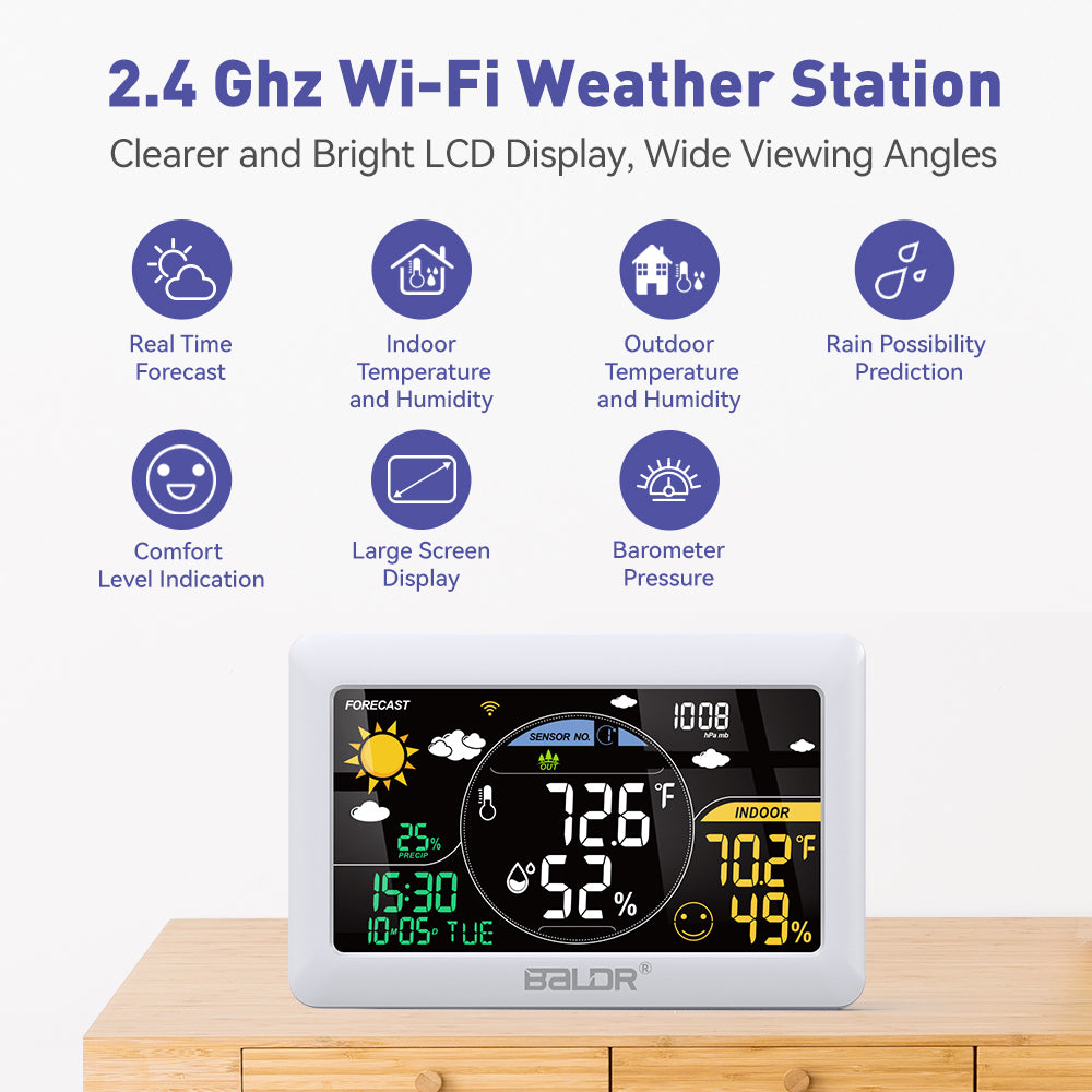 Wifi Smart Weather Station Température extérieure intérieure & Humidimètre  Grande couleur horloge météo hygrothermographe avec 3 capteurs
