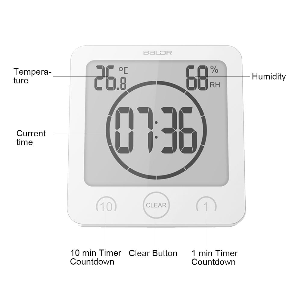 BALDR CL0007 Waterproof Alarm Clock with Timer for Bathroom Shower - Wall Mounted LCD Clock Displays Time, Temperature & Indoor Relative Humidity - BALDR Electronic