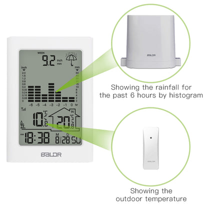 BALDR Wireless Rain Gauge with Remote Sensor, Rainfall Meter, Weather Station with Indoor and Outdoor Temperature Monitor