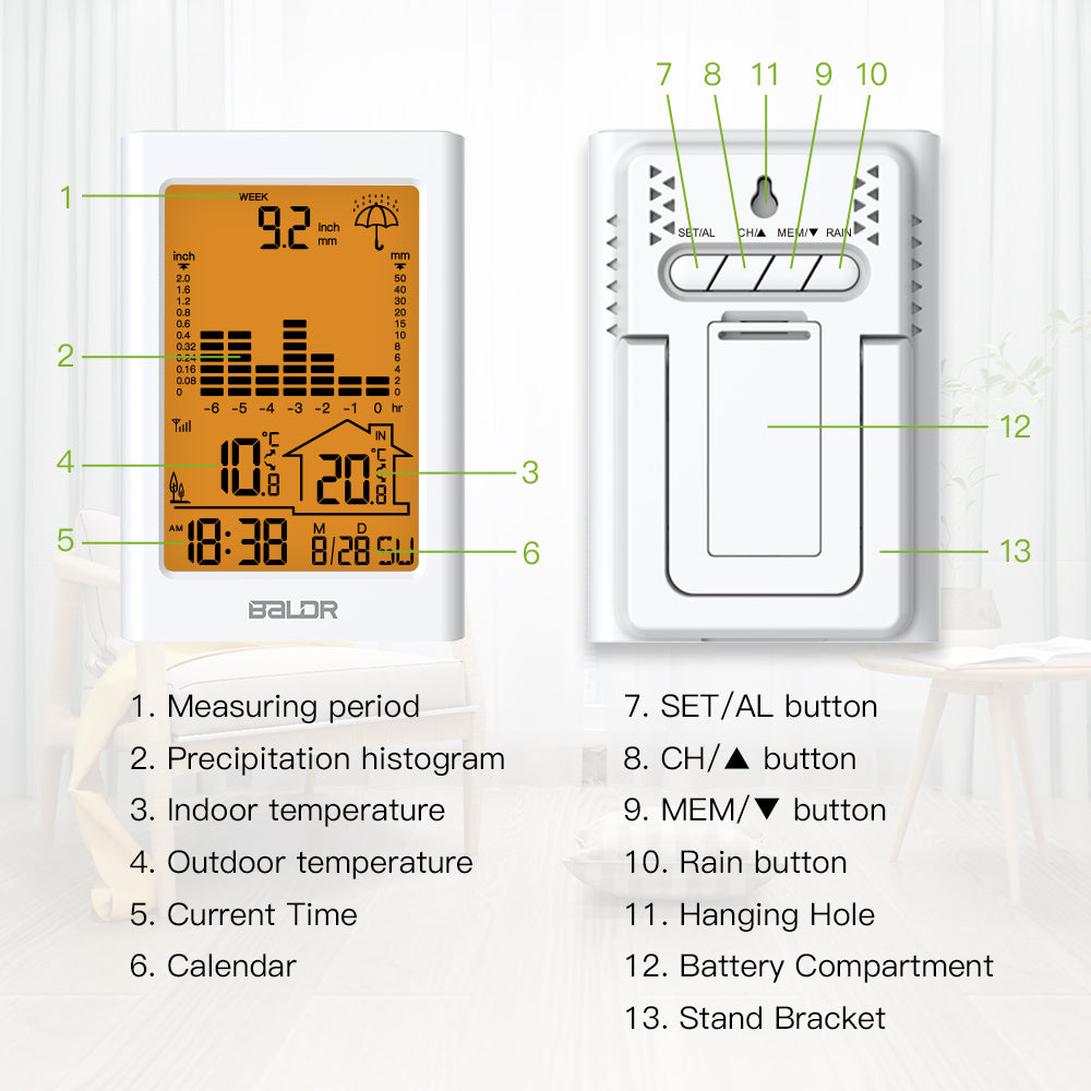 BALDR Wireless Rain Gauge with Remote Sensor, Rainfall Meter, Weather Station with Indoor and Outdoor Temperature Monitor