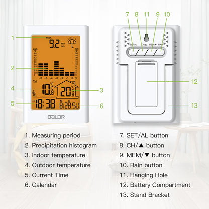 BALDR Wireless Rain Gauge with Remote Sensor, Rainfall Meter, Weather Station with Indoor and Outdoor Temperature Monitor