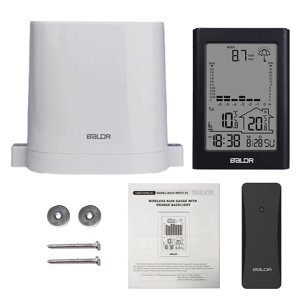 BALDR Wireless Rain Gauge with Remote Sensor, Rainfall Meter, Weather Station with Indoor and Outdoor Temperature Monitor
