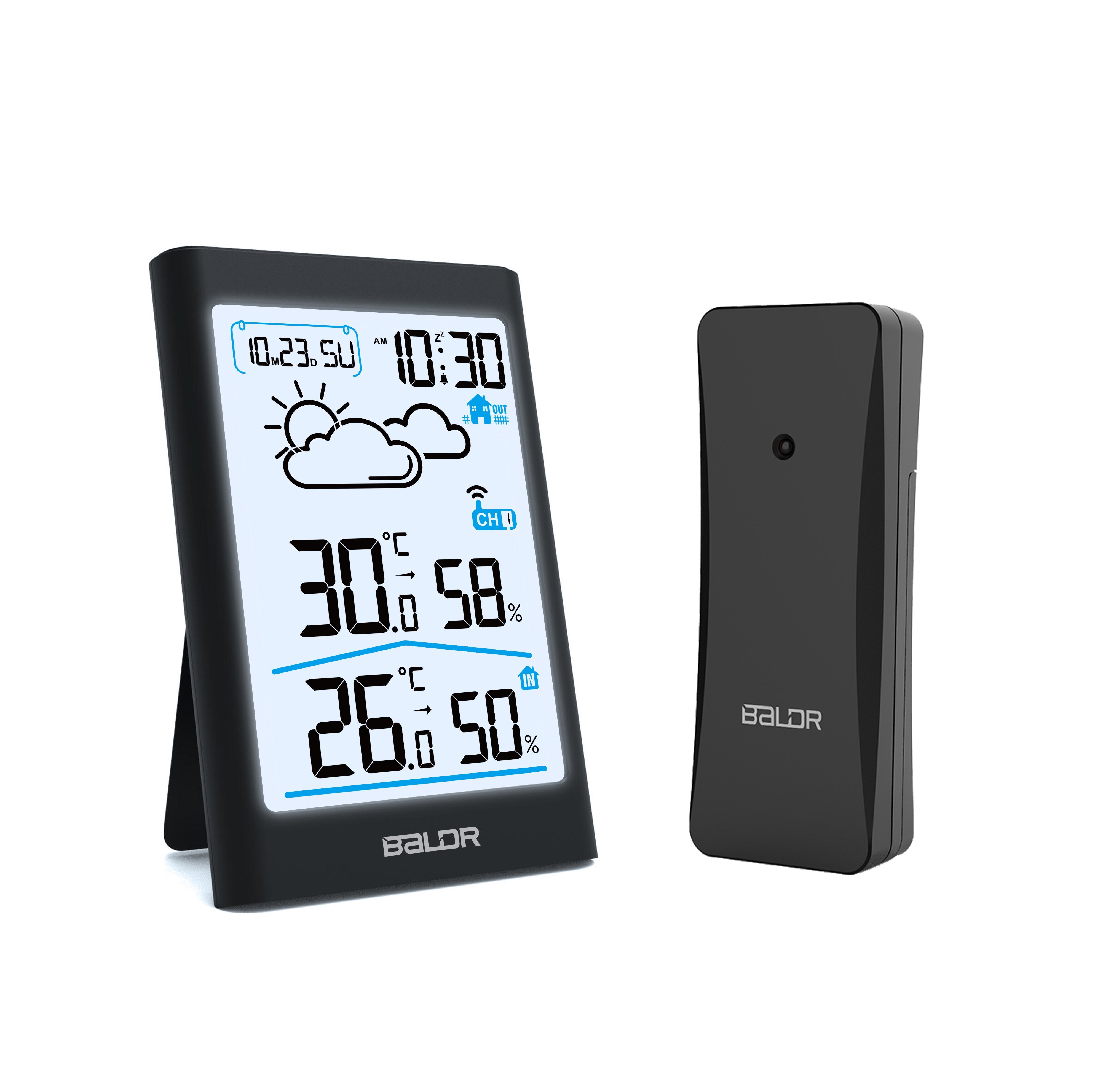 BALDR WS0341 Indoor & Outdoor Thermometer Hygrometer w/ Backlight, Wireless Weather Station, Temperature Monitor & Humidity Gauge, Battery-Operated