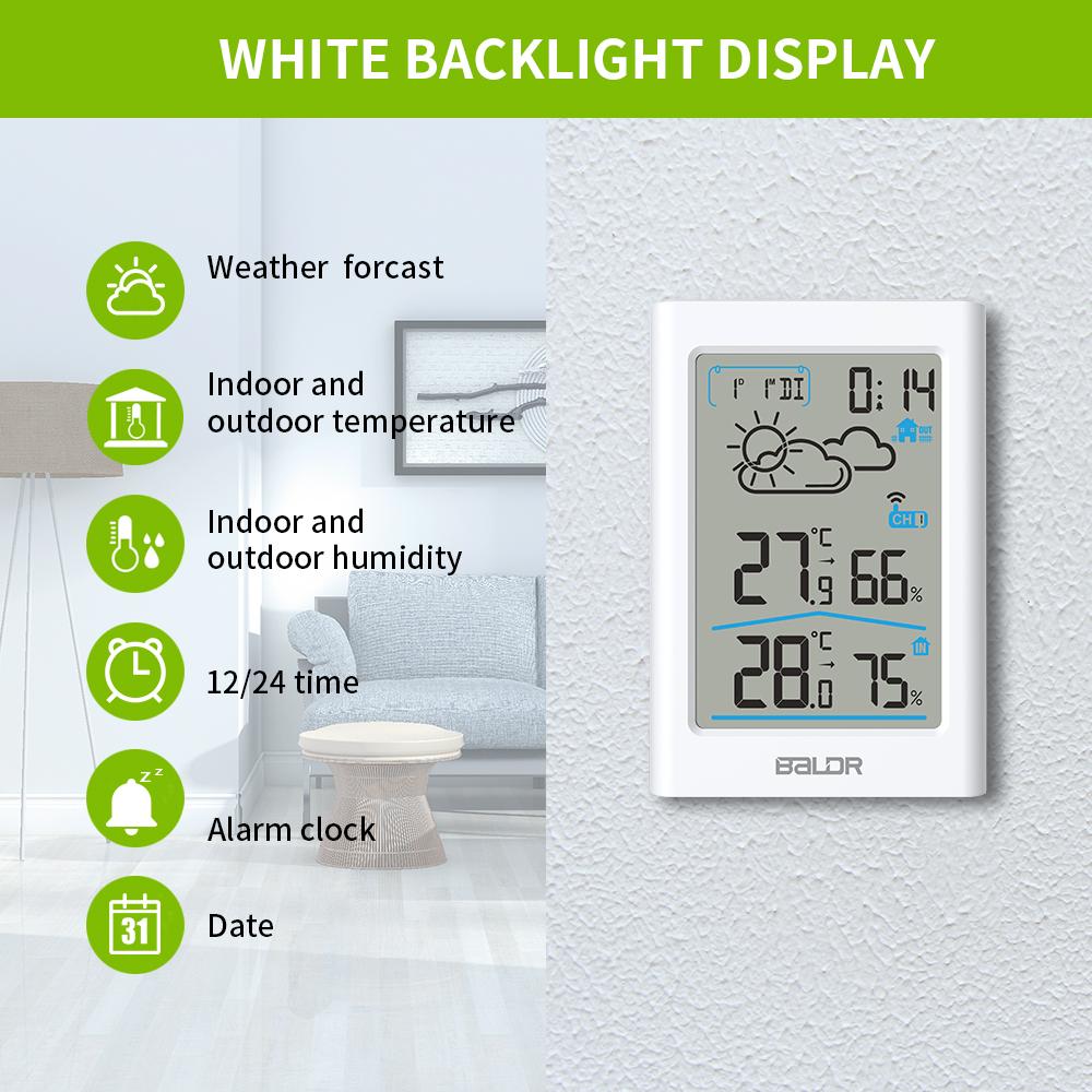 BALDR Wireless Indoor/Outdoor Weather Station - Thermometer & Hygrometer -  Temperature & Humidity - Constant Backlight - Power Adapter Included