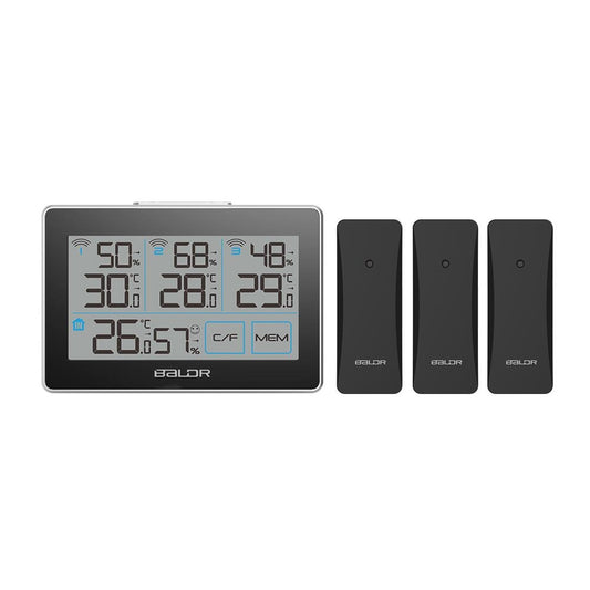 BALDR WS0317BL3 Digital Wireless Weather Station | Accurate Humidity Gauge & Temperature Tracking - Monitor 4 Locations - Includes 3 Remote Sensors - BALDR Electronic
