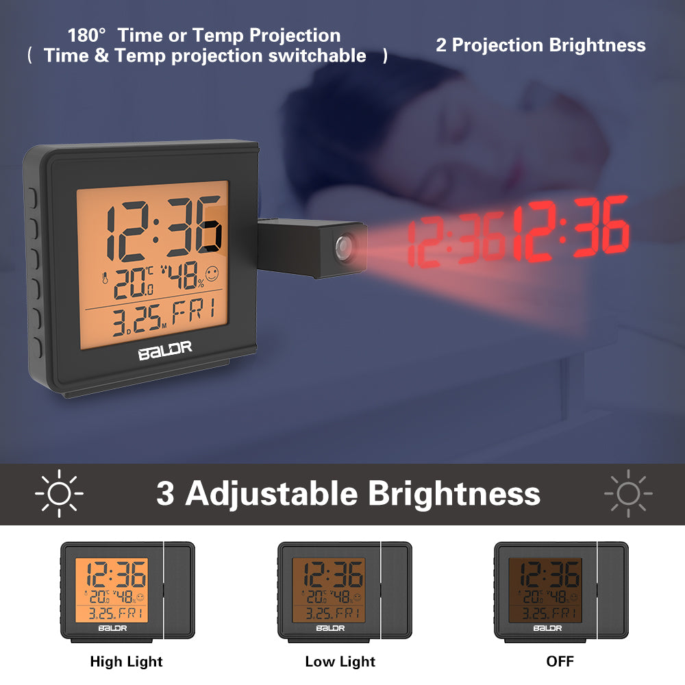 BALDR Digital Time Projection Alarm Clock WWVB - Atomic Time Projector on Ceiling Wall with Orange Backlight, Calendar Temperature Display, Adjustable Brightness
