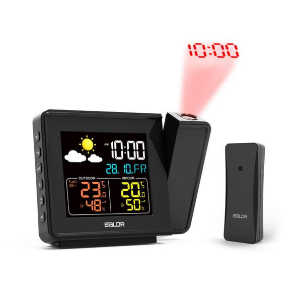 Projection Alarm Clock With Weather Station – Ceiling Projector Clock, Indoor/Outdoor Temp & Humidity, Forecast, Adjustable Brightness – Black