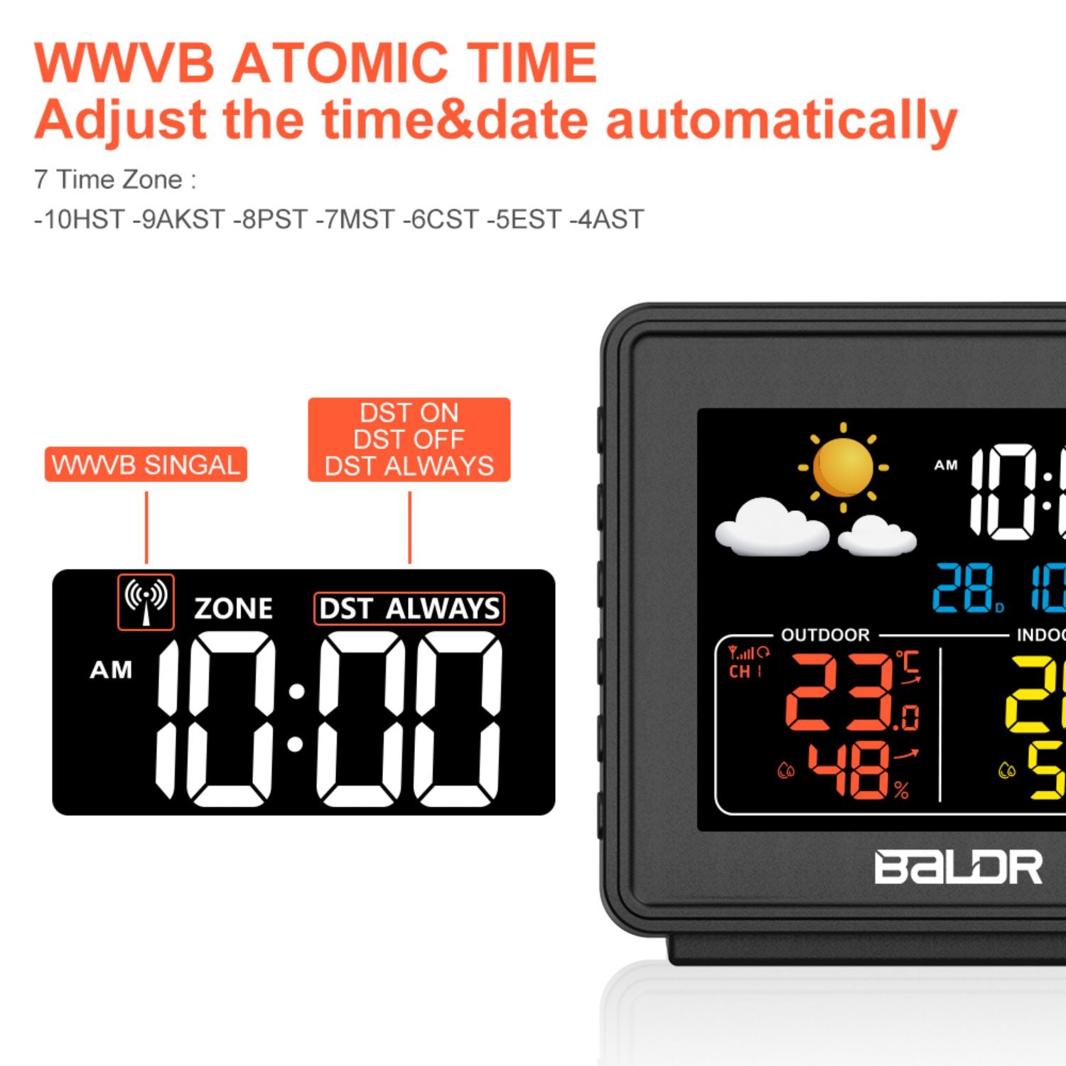 Atomic Digital Clock With Large Display - Shows Time, Date, Temp, Humidity & Moon Phase | Auto-Sets Via Radio Signal, Backlight, Alarm, For Bedroom Or Desk