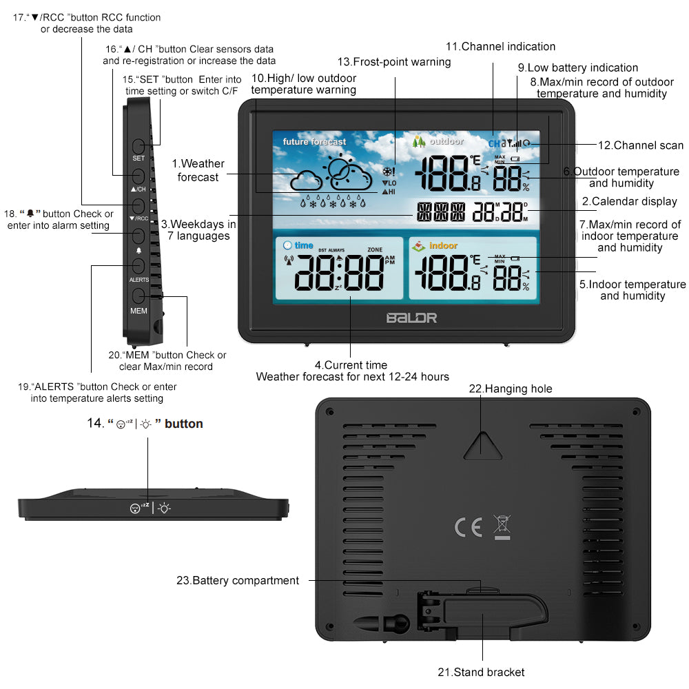 Black BALDR Atomic Wireless Weather Station with Indoor Outdoor Thermometer & Hygrometer  design and features