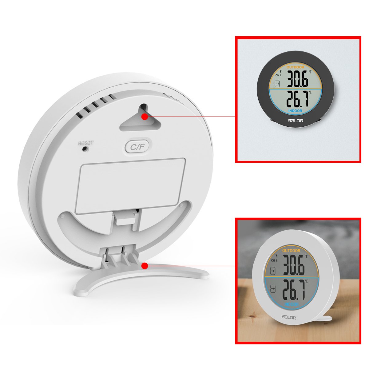 BALDR Wireless Indoor/Outdoor Thermometer - Surface/Wall Mounted Temperature Monitor, 2.5”LCD Display Thermometer with Min/Max Records & Trend Arrows - BALDR Electronic