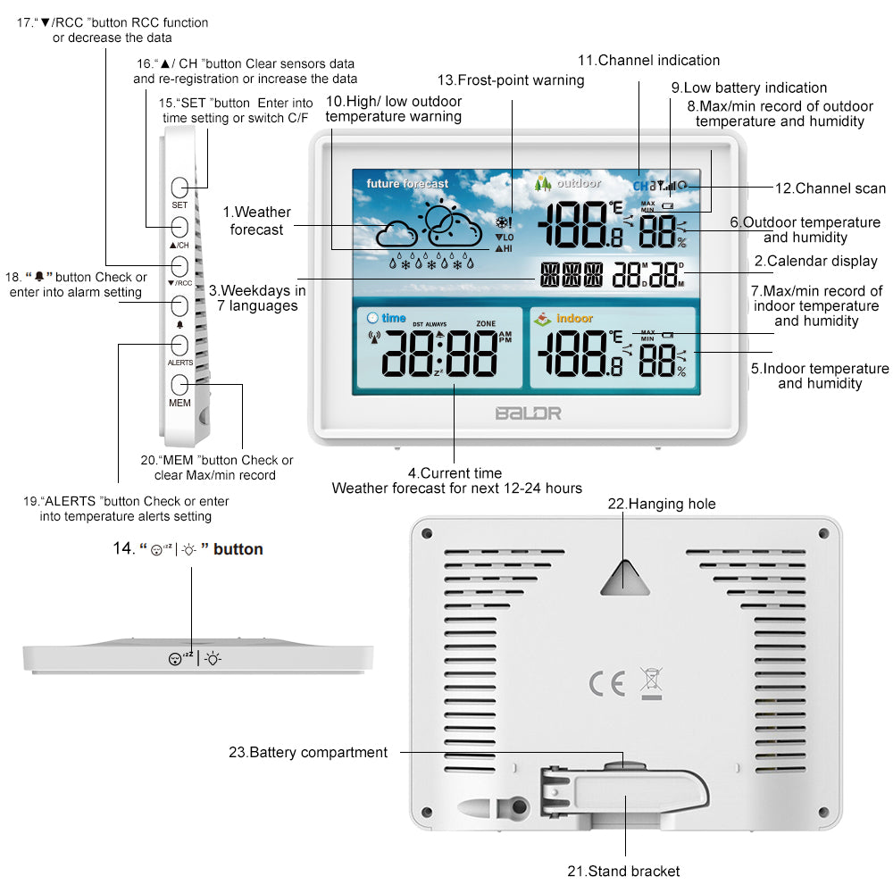 White BALDR Atomic Wireless Weather Station with Indoor Outdoor Thermometer & Hygrometer  design and features 2