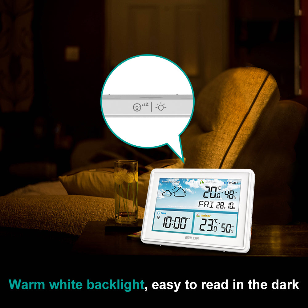 White BALDR Atomic Wireless Weather Station with Indoor Outdoor Thermometer & Hygrometer  design and features  Wireless transmitter usage scenario