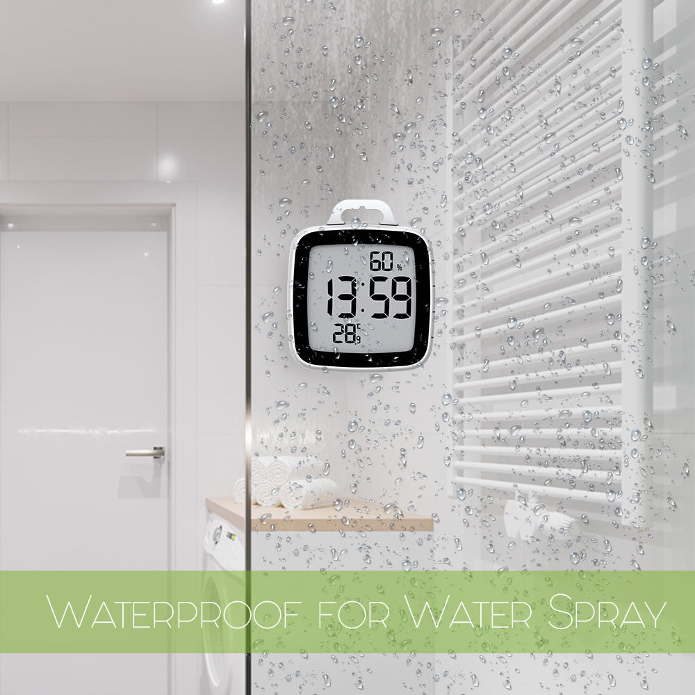 BALDR Waterproof Shower Clock with Timer for Bathrooms - Displays Time, Temperature & Humidity - w/ Built-in Stand & Wall Mount Hole